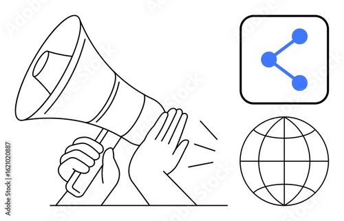 Megaphone held in hands emitting sound, blue network share icon, globe symbolizing communication. Ideal for marketing, announcements, branding, networking, communication, social media simple landing