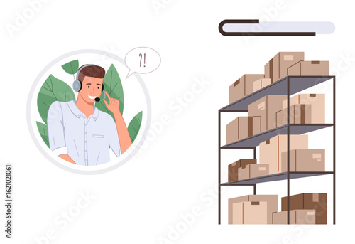 Customer service representative wearing a headset with speech bubble, next to a warehouse shelving unit filled with boxes. Ideal for logistics, customer service, e-commerce, inventory