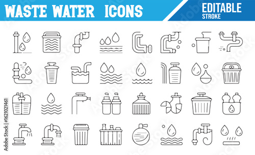 Editable Vector Icons for Waste Water Purification and Treatment