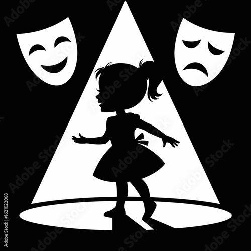 Child Performing in Spotlight with Theatre Masks