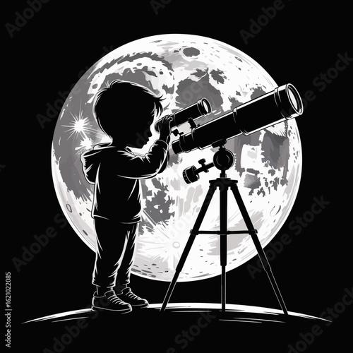 Child Stargazing with Telescope Under Full Moon