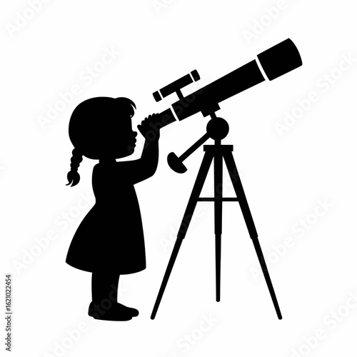 Girl Observing Stars with Telescope Silhouette