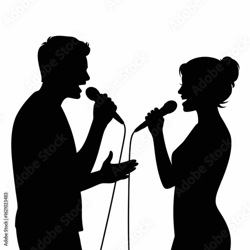 Singing Duet Silhouette on White Background