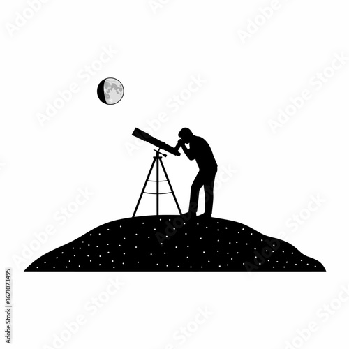 Telescope Observation of Moon at Night Silhouette