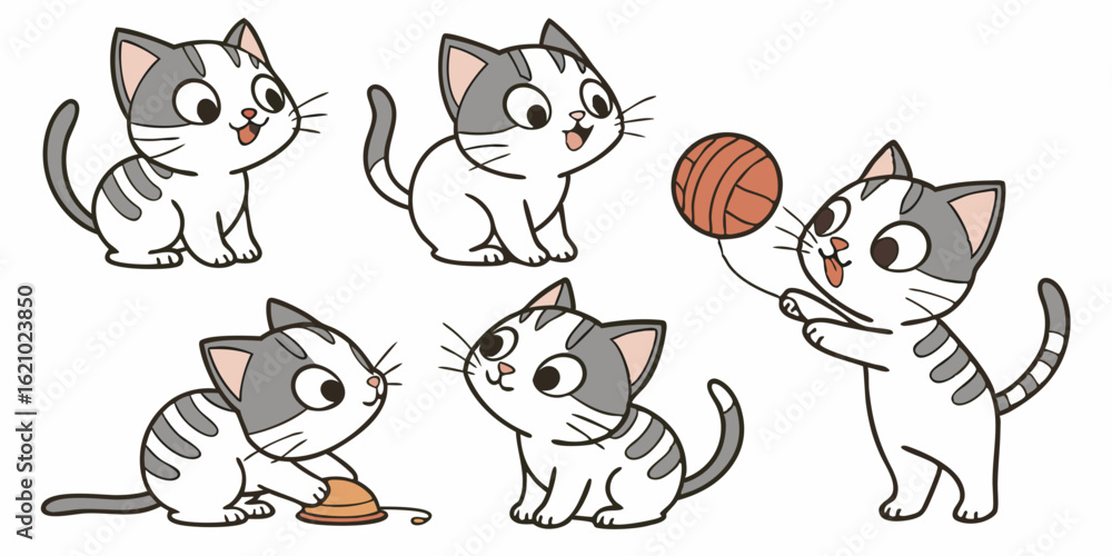 Fototapeta premium Cute Cartoon Cat Playing with Yarn and Toys
