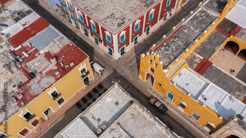 Aerial view of the Spanish Colonial city center and historic church of Campeche, Mexico.