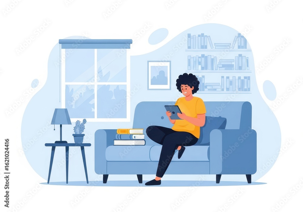 Fototapeta premium Flat illustration of a young woman relaxes on a comfortable blue sofa in a cozy living room, engrossed in her tablet with books nearby
