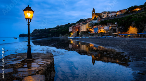 Glistening reflections shimmer in the water as a solitary streetlamp casts a warm glow on the calm evening