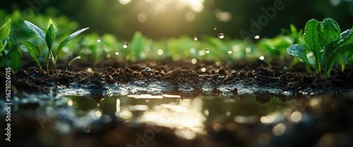 Young plants growing in moist soil