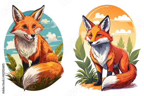 Red fox (Vulpes vulpes) Red sitting fox with puffy tail, Cute cunning forest animal, An illustration of a red fox with a white chest and tail sitting against a white background