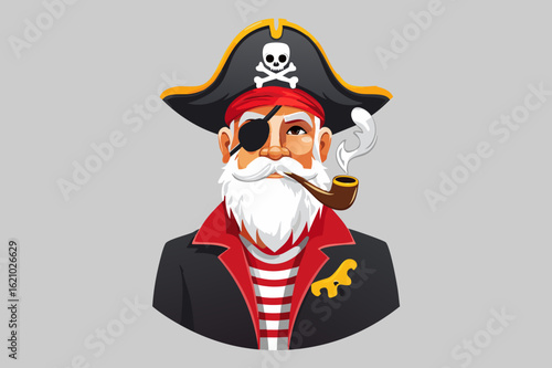 Old pirate captain with pipe, Pirate with hat sailor and Eye Patch and Beard, Bearded pirate captain with captain's hat and skull illustration, buccaneer,