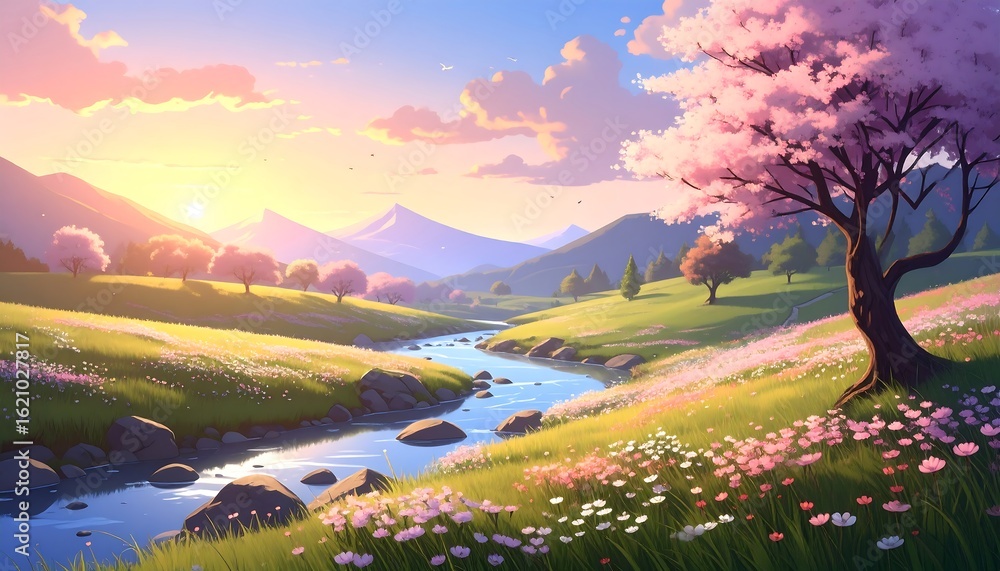 Naklejka premium Peaceful valley at sunrise, filled with blooming flowers and cherry trees