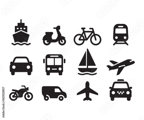 Collection of modern transportation icons including cars, bikes, planes, and boats for travel and logistics themes
