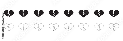 black broken heart vector icon set. symbolizing heartbreak, love, and relationship challenges. Clean design on a white background.