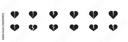 black broken heart vector icon set. symbolizing heartbreak, love, and relationship challenges. Clean design on a white background.