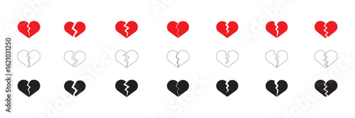 Broken heart love hurt heartbreak sad romantic pain. red and black Broken heart icon set. Broken heart breast vector icon. vector illustrator.