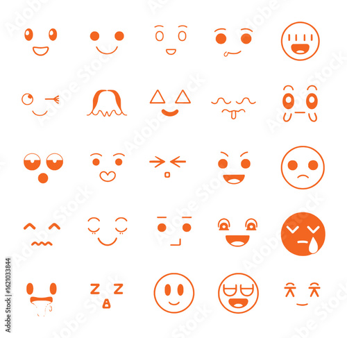 Diverse collection of expressive orange facial illustrations faces expressions