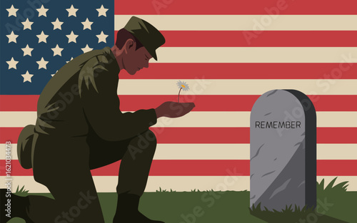 Illustration of soldier kneels to honor fallen comrade at a grave with flag