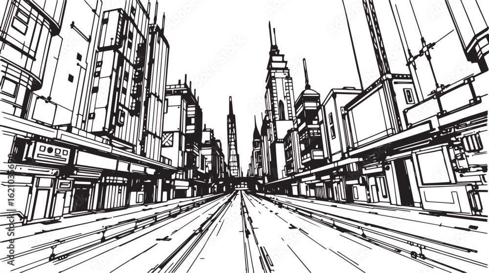 Fototapeta premium City landscape. Different buildings on street, outline cityscape hand sketch, flat houses. Hand drawn vector illustration