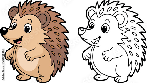 A cartoon hedgehog shown in color and in black and white outline for coloring page