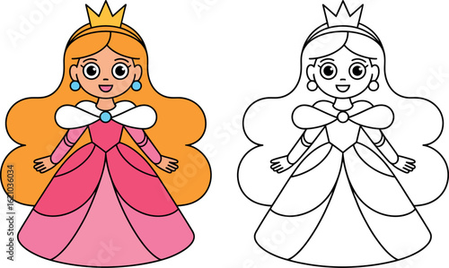 Illustration of a princess with blonde hair wearing a crown and a pink dress drawn twice