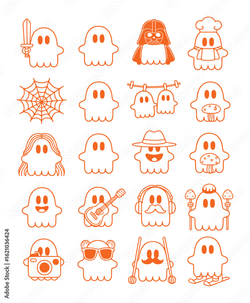 Orange ghost characters with various accessories and costumes halloween icon