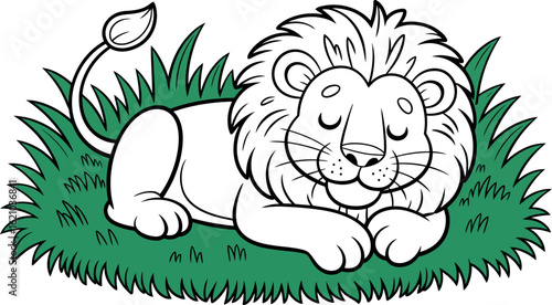 Cartoon lion resting peacefully on a patch of green grass with closed eyes outline art