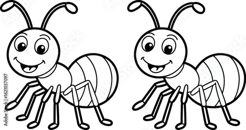 Two cartoon ants with big eyes and smiles in a black and white illustration