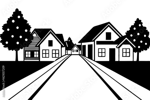 Residential Suburban Street with Greenery and Buildings Vector