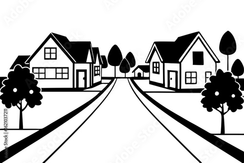 Peaceful Neighborhood Street Lined with Trees and Homes Vector