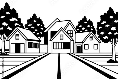 Suburban Street Scene with Trees and Houses Vector Illustration