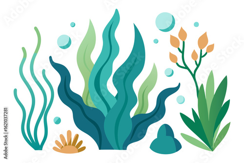 Set of Aquatic Plants and Seaweed with Wavy Ocean Design