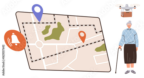 Map with markers, notification icon, elderly person with cane, and delivery drone. Ideal for senior assistance, navigation, health tech, deliveries safety accessibility mobility. Simple flat