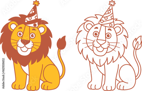 Cartoon illustration of a lion wearing a party hat next to a line drawing of it