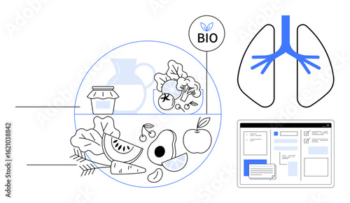 Fresh fruits, vegetables, and organic foods with a Bio label, lungs emphasizing wellness, and a web interface. Ideal for nutrition, health, eco-living, healthy habits education research wellness