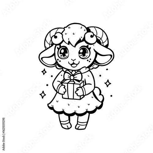 A cute cartoon lamb wearing a dress and holding a gift box, surrounded by sparkling stars in a black and white illustration.