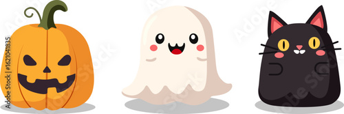 Set of 3 cute halloween squishmallows isolated on white background. Soft funny toy pumpkin, ghost and black, flat cartoon style illustrations