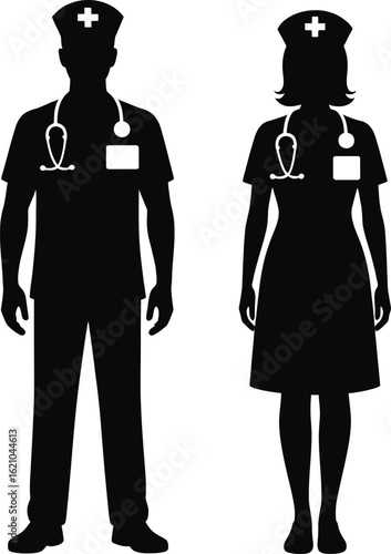 Silhouettes of male and female medical professionals with stethoscopes