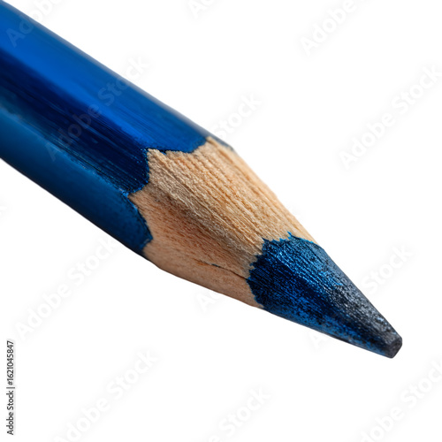 Close up macro shot of a sharpened blue colored pencil tip isolated on transparent background