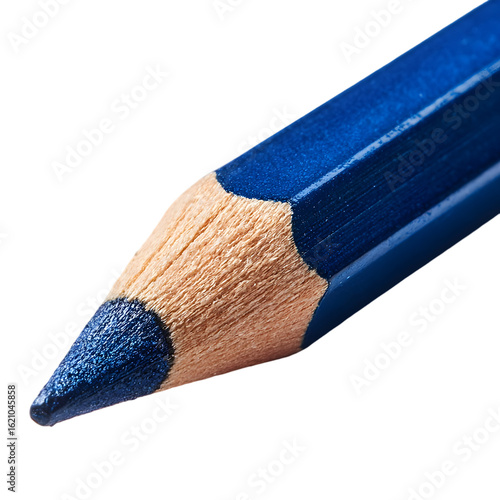 Close up macro detail of a sharp blue colored pencil tip on a transparent background isolated on transparent background