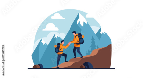 Two hikers assist each other while scaling a mountain trail with backpacks on in a flat vector illustration