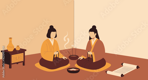 Two People Meditating Indoors With Incense And A Scroll For Relaxation