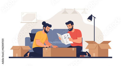 Two Men Assembling Furniture From A Box Together At New Home