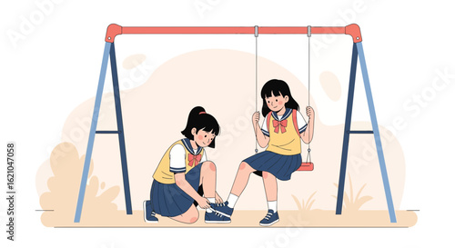 Two schoolgirls on the playground, one helping the other with her shoe laces on the swing