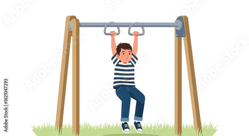 Struggling Boy Hanging On Monkey Bars At The Playground Equipment