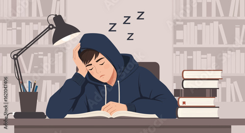 Student Asleep While Studying With Books And A Lamp In The Library