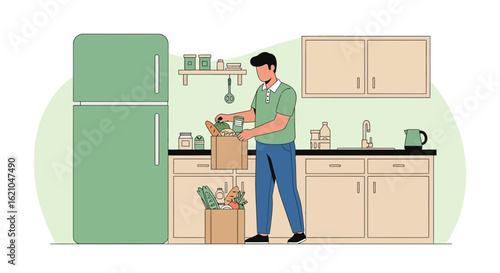 Unpacking Groceries At Home: Man Sorting Food From Shopping Bags In Kitchen