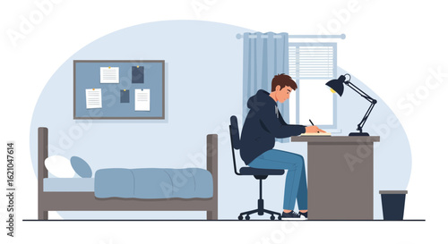 Student Concentrating On Studies In His Room For Exams Preparation