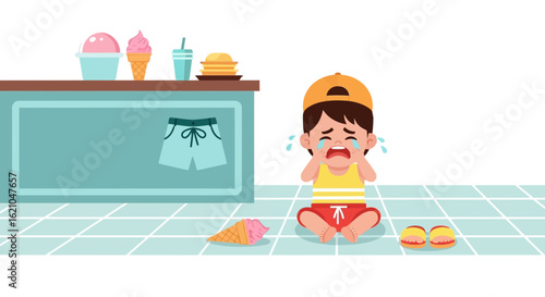Upset Child Crying After Dropping Ice Cream Cone on the Floor Near the Store
