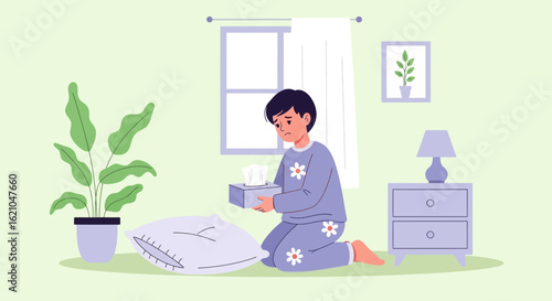 Upset Child Alone Holding Tissue Box In Bedroom Minimalist Illustration
